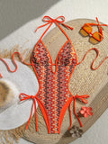 New Sexy Orange Stripe One Piece Swimsuit 2026 Women V Neck Hollow Out Backless Thong Bikini Beach Holiday Bathing Suit Swimwear
