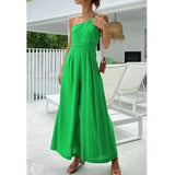 Foridol Waist Folds Backless Double Strap Casual Wide Leg Jumpsuit Long Pants Green 2025 New Female Loose  Jumpsuit