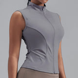 Women Zipper Yoga Shirts Solid Stand Up Collar Elastic Slim Fit Sports Jacket Breathable Sleeveless Sunscreen Workout Clothes