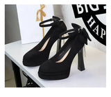 BIGTREE Women's Pointed Toe High Heels Back Bowknot Elegant Flock Ankle Strap Pumps for Women Black Dress Shoe Wedding Party