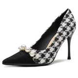 Fashion Pearls Decoration High Heels Shoes Women Plaid Thin Heels Party Pumps for Woman Spring Autumn Pointed Toe Pumps Female