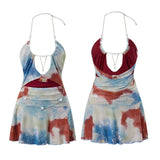 Women Printed Ruffle Mini Dress Boho Beaded Chain Halter Cut Out Open Back A-line Dress for Beach Party Club Travel