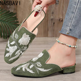 NASBAVI Fashion 3d Embroidery Mules Women Fur Slippers Velvet Shoes Ladies Low Heel Flower Decoration Sandals Women's Flip Flops