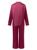 Women's Satin Two Pieces Pajama Sets Fashionable Contrast Color Trim Long Sleeve Button Down Tops with Pants Soft Sleepwear