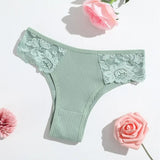 1 Pack Women's Lace Trim Ribbed Cotton Panties Breathable Low-Waist Briefs Sexy Side Lace Lingerie Skin-Friendly Underwear S-L