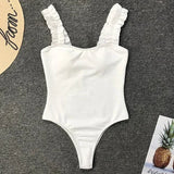 Ribbed Ruffled Frilled Trim Female Swimwear One Piece Swimsuit Women Monokini High Leg Cut Bathing Suit Swim Bodysuit Beach Wear