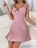 Women Sleeveless Nightdress with Ruffle Trim and Bow Soft Stretchy Sleepwear Cute Casual Home Dress for Spring Summer