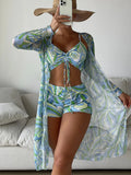 New Sexy 3 Pieces Suit for Women Neck Hanging Bikini Set+Cover-up Swimwear Sunproof Tankini High Waist Shorts Swimsuit Beachwear