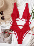 Sexy Red Swimsuit Micro String Bikini Hollow Out Backless Monokini Women One-Piece Vacation Swimwears Bikinis Beach Bathing Suit