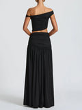 Summer Skirt Set Women Metal Flower Sexy Off Shoulder Slim Crop Top High Slit Skirt Sets Fashion Backless Pleated 2 Piece Suits