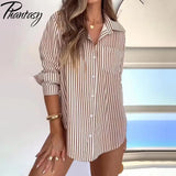 Phantasy Office Lady Shirt Women Pink Striped Tops Long Sleeved Shirt Pocket Streetwear Spring Autumn Casual Female Shirt