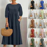 Womens Casual Summer Cotton Dress With Pockets 3/4 Sleeve Loose Midi Shirt Dress Women Dresses With Short Sleeves Vestidos