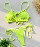 Sexy Strappy Lace Up Ribbed Neon Green Bikini Women Swimwear Female Swimsuit Two-piece Bikini set Hollow Out Bathing Suit Swim