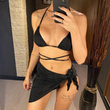 Glitter Sparkling Wrap Around Bikini Women Swimwear Female Swimsuit Three-piece Bikini set Sarong Bather Bathing Suit Swim V3679