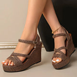 Ankle Buckle Coffee Wedges Sandals Women 2026 Summer Woven Chunky Platform Sandles Woman Peep Toe Plus Size Fashion Sandals 42