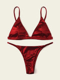 Sexy Satin Wine Red Triangle Micro Bikini Sets Two Pieces Thong Swimsuit Swimwear Beach Outfits for Women Conjunto De Bikini