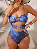 2026 Sexy Star Link Swimsuit One Piece Printed Hollow Swimwear Women Blue Bathers Bathing Swimming Swim Suit Female Beachwear