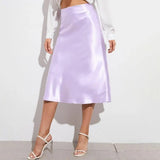 Satin-Like Shiny Skirt Women Midi Skirt High Waist Solid Color Mid-calf Length Skirt Soft Breathable Fabric Work Skirts