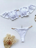 Sexy Ruffled Frill Off Shoulder Bikini Women Swimwear Female Swimsuit Two-pieces Bikini Set Ribbed Bathing Suit Swim Beach Wear