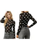 Women’s Spring Summer Crew Neck Mesh T-Shirts Long Sleeve Dots Print Slim Fit Transparent Classic Tops