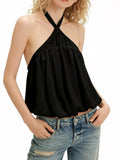 Women Summer  Halter Crop Top Sleeveless Backless Solid/Dots Print  Vest for Club Party