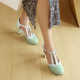 Spring Autumn New Style Fashion High-heeled Women's Shoes Color Block Round Head Shallow Mouth Buckle Square Heel Women's Shoes