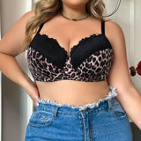 Leopard Print Sexy Lace Stitching Underwear For Ladies D Cup Plus Size Women's Clothing Suitable For Buxom Women Bra B2414