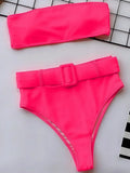 Neon Green Bandeau Swimsuit High Waist Bikini 2025 Women Swimwear Female Two pieces Bikini set Buckle Waistband bathing suit
