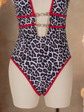 Sexy Red Leopard Print Contrast One Piece Swimsuit 2026 Women Pearls Hollow Out Deep V Neck Backless Slim Bathing Suit Swimwear
