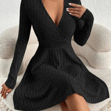 New for autumn/Winter Women Knit Slim Sexy Bodycon Dress V-Neck Long Sleeve Dress Solid Casual Midi Sweater Dress