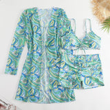 New Sexy 3 Pieces Suit for Women Neck Hanging Bikini Set+Cover-up Swimwear Sunproof Tankini High Waist Shorts Swimsuit Beachwear