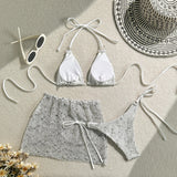 With Mesh Sarong Skirt Halter Bikini Women Swimwear Female Swimsuit Three-pieces Bikini Set Fishnet Bathing Suit Swim Beachwear