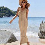 S - XL 2025 V Neck Hollow Out Crochet Knitted Tunic Beach Cover Up Long Cover-ups Beach Dress Beach Wear Beachwear Female Women