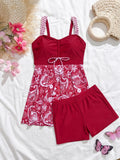 Vintage Black Flower Print Skirt Bikini Set 2026 Front Bow Crop Top Bathing Suit Swimwear Women's High Waist Swimsuit Tankini