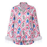 Women Satin 2025 Christmas Pajama Set Bow/Tree Print Long Sleeve Shirt with Shorts Two Pieces Sleepwear Loungewear