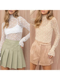 Women's Spring Summer Solid Color Slim Lace Mesh Tops Flare Long Sleeve High Neck Sheer T-Shirt for Party, Daily