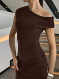FDYOUI Woman Clothes Diagonal Collar Ruched Brown Long Dresses 2026 Summer Lady Chic One Shoulder Sleeveless Tunics Party Dress