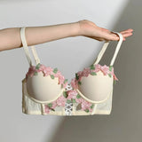 MOYISU Victorian Underwear Set - Delicate Cream Bralette with Floral Stitch, Retro Sweetheart Neckline for Petite Bust Elegance