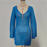 V Neck Long Sleeve Hollow Out Crochet Knitted Tunic Beach Cover Up Cover-ups Beach Dress Beach Wear Beachwear Female Women V7643