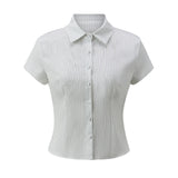 Women Button Down Slim Fit Striped Shirt Fashionable Summer Short Sleeve Turn Down Collar Tops for Casual Daily Wear