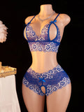 Contrast Color Lace Sexy Lingerie, Semi Transparent Open Chest Bra & Crotchless Pantt Sets, Perfect For Romantic Scenes Outfits