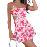 Women's Summer Fashion Open Back Mini Cami Dress Sleeveless Cutout Floral Print Spaghetti Strap Dresses