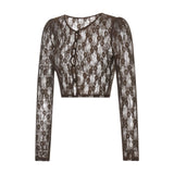 Sweet Sexy Girl Floral Lace See Through Cardigan Shirt Women Long Sleeve V Neck Slim Crop Top Beach Club Single Breasted Tops