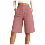 Women's High Waist Cotton Linen Bermuda Shorts Double Breasted Wide Leg Casual Shorts With Pockets Loose Fit Office Summer Short