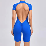 Padded Backless Yoga Cycling jumpsuit  Women Zipper GYM Sportswear Fitness One Piece Sports Suit V Back Workout Playsuit