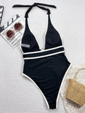Beach Holiday Look Women's One-Piece Swimsuit Sexy Deep V Neck Backless Swimwear Bodysuit Pearl Decor Bathing Suits Beachwear