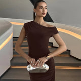 FDYOUI Woman Clothes Diagonal Collar Ruched Brown Long Dresses 2026 Summer Lady Chic One Shoulder Sleeveless Tunics Party Dress