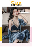 Women's Autumn Winter Golden Velvet Pajamas Set - Sexy Lace Suspender 3-Piece Loungewear with Breast Pads