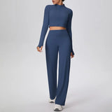 2 Pcs Women's Seamless Yoga Set Long-sleeved Wide-leg Pants Tracksuit Fitness Sports Set High-waisted Hip-lifting Slim-fit Suit