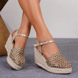 Big Size 43 Mesh Hollow Closed Toe Espadrille Wedge Sandals Women Adjustable Ankle Strap High Heel Summer Boho Beach Shoes